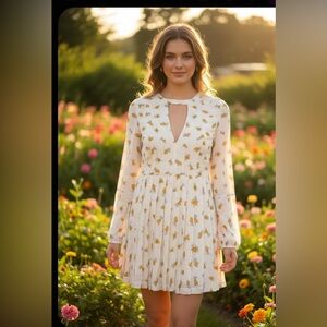 Free People Cream Floral Long Sleeve Dress